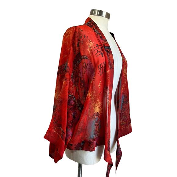 Chico’s 100% Silk Front Tie Kimono Jacket Size 2 L/12 NWT Boho Art Print - Picture 2 of 8